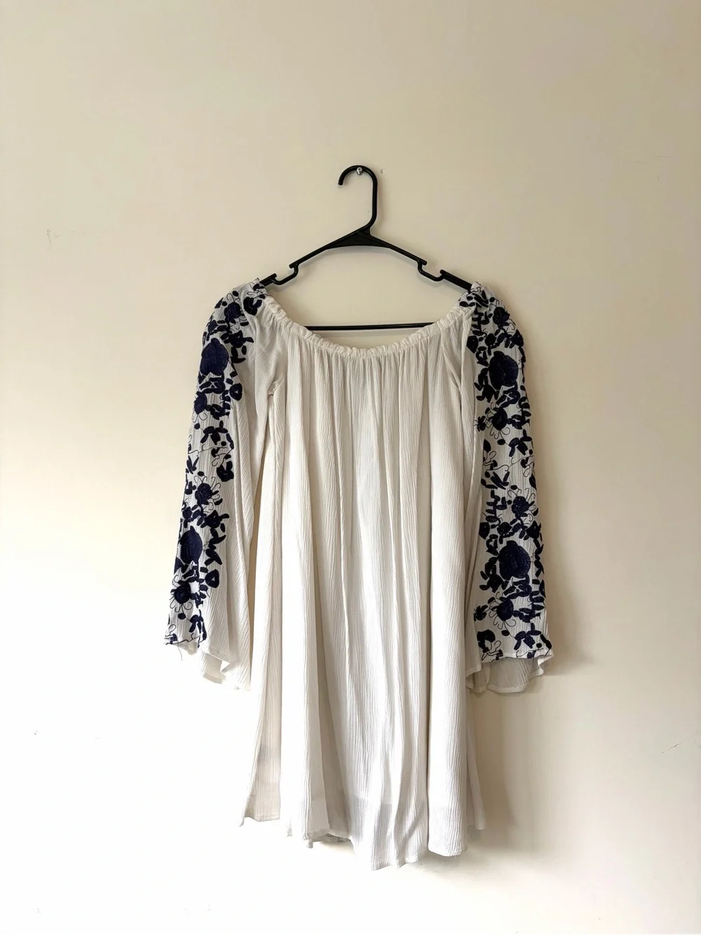 Tobi Off-Shoulder White Dress with Blue Embroidered Trim - Picture 6 of 6